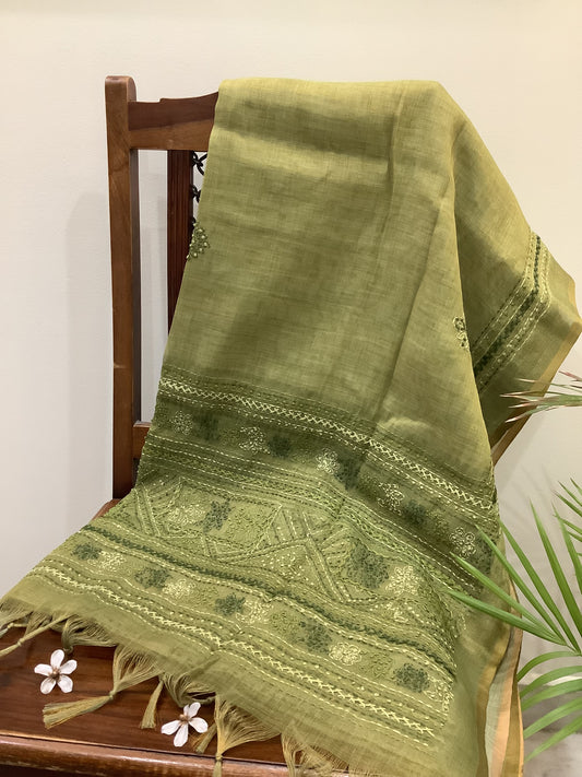 Green Pure Linen Chikankari Saree