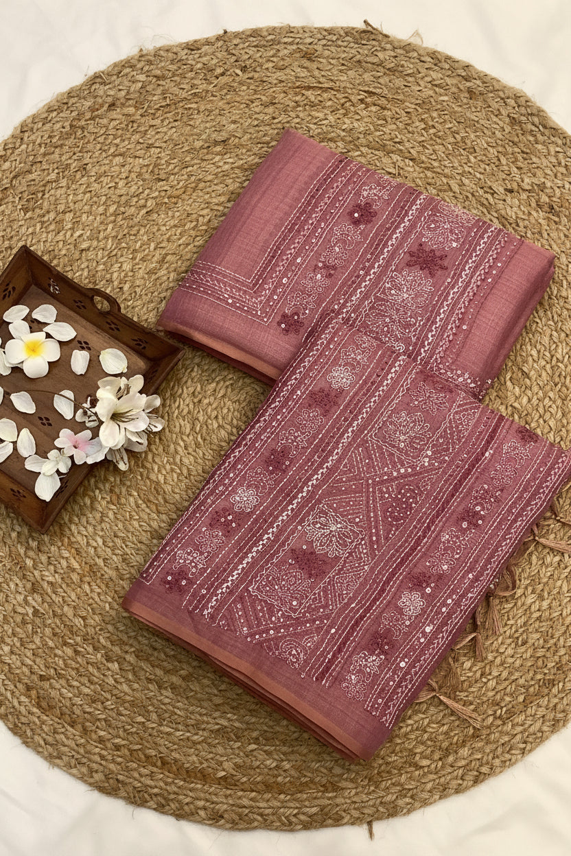 Rose Pink Pure Linen Chikankari Saree