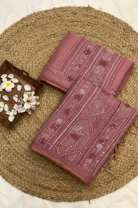 Rose Pink Pure Linen Chikankari Saree