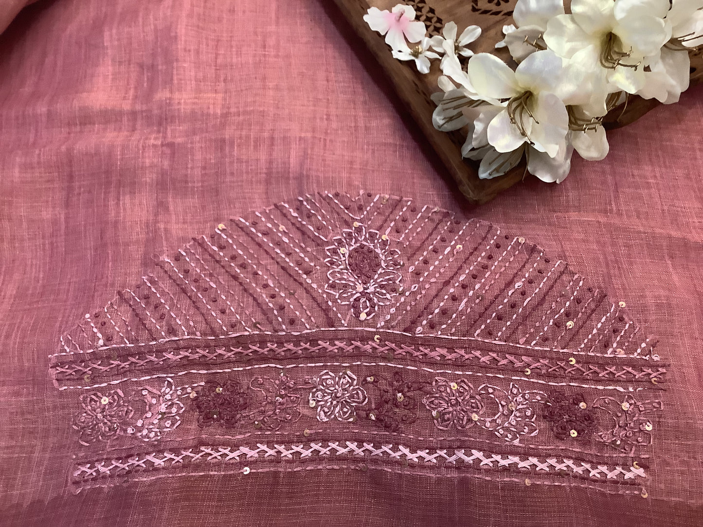 Rose Pink Pure Linen Chikankari Saree