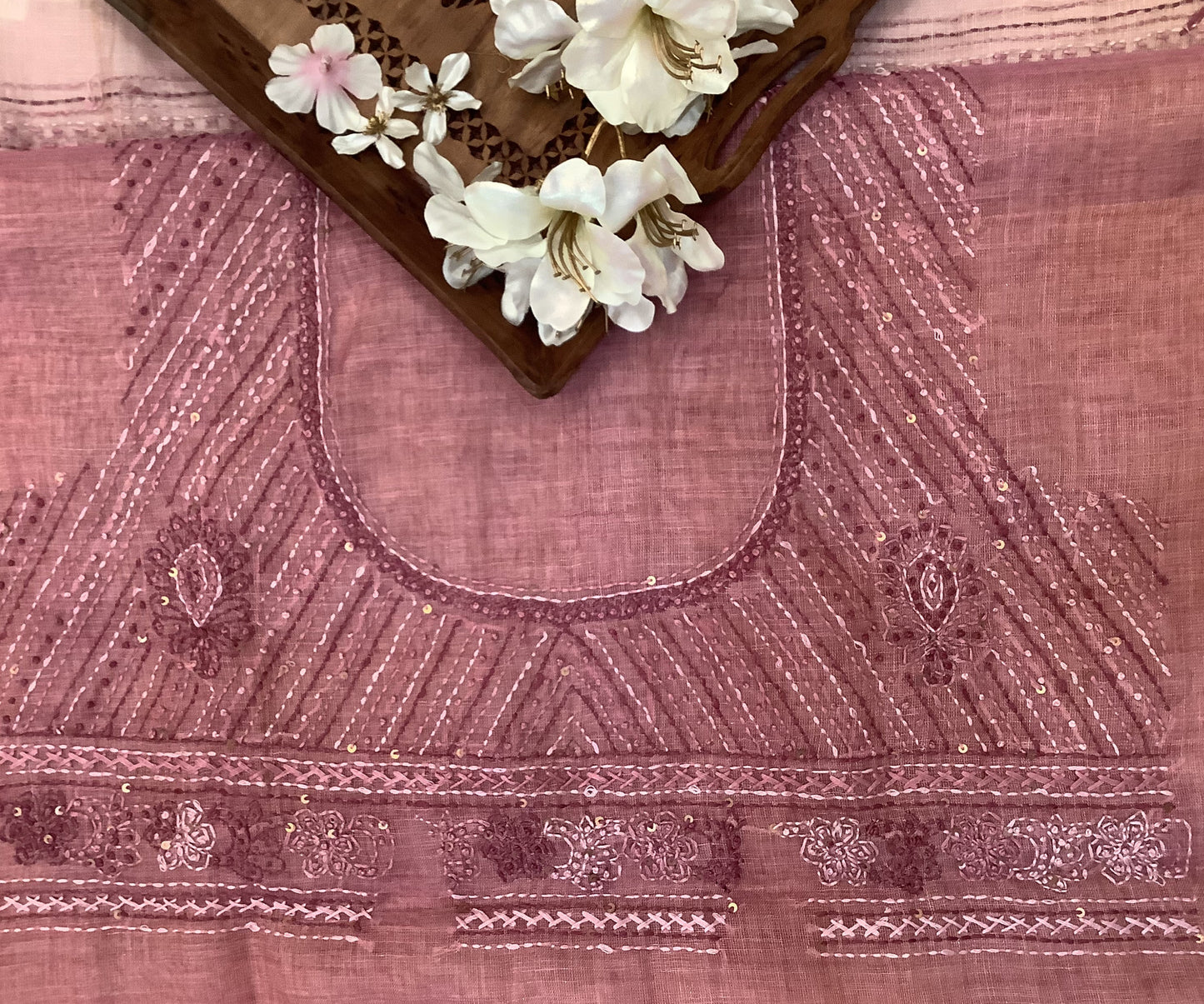Rose Pink Pure Linen Chikankari Saree