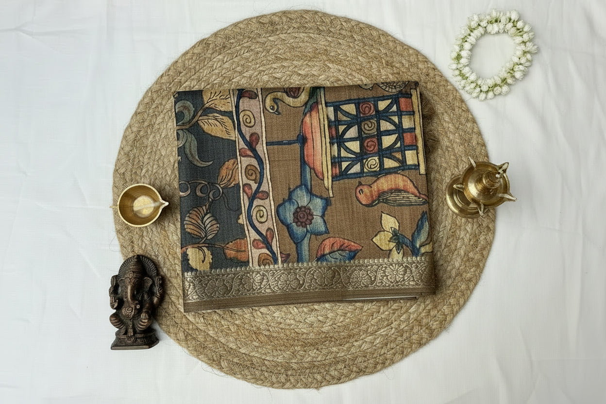 Brown Pen Kalamkari Saree