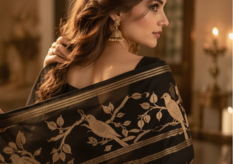Tussar Silk Black Saree