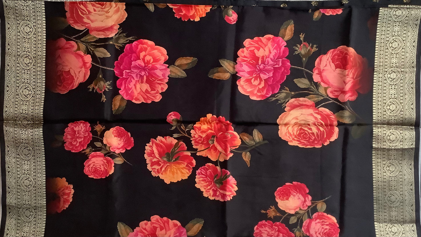 Black Floral Banarasi Crepe Saree